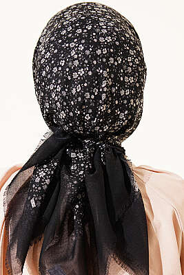 Çiçekli Flamu Cotton Eşarp Antrasit - Başörtüsü