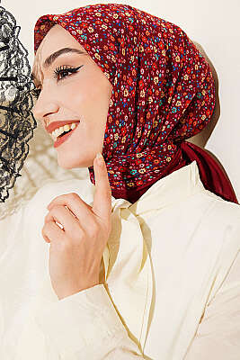 Çiçekli Flamu Cotton Eşarp Bordo - Başörtüsü