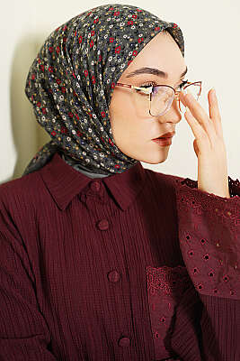 Çiçekli Flamu Cotton Eşarp Gri 