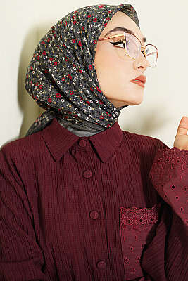 Çiçekli Flamu Cotton Eşarp Gri - Başörtüsü