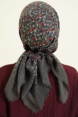 Çiçekli Flamu Cotton Eşarp Gri - Başörtüsü