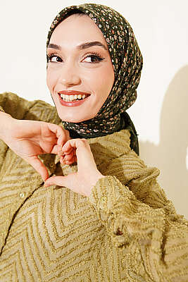 Çiçekli Flamu Cotton Eşarp Haki 