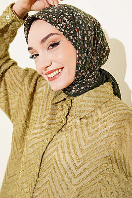 Çiçekli Flamu Cotton Eşarp Haki - Başörtüsü