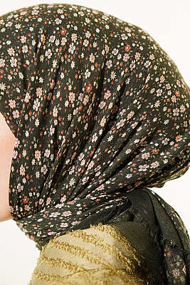 Çiçekli Flamu Cotton Eşarp Haki - Başörtüsü