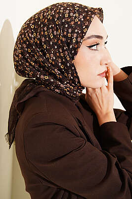 Çiçekli Flamu Cotton Eşarp Kahve - Başörtüsü