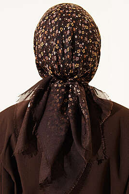 Çiçekli Flamu Cotton Eşarp Kahve - Başörtüsü