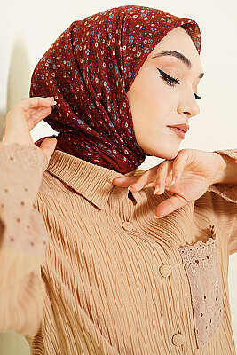 Çiçekli Flamu Cotton Eşarp Kiremit - Başörtüsü