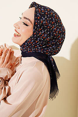 Çiçekli Flamu Cotton Eşarp Lacivert - Başörtüsü