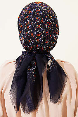 Çiçekli Flamu Cotton Eşarp Lacivert - Başörtüsü