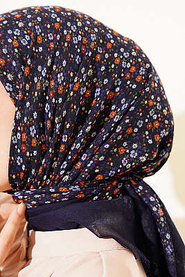 Çiçekli Flamu Cotton Eşarp Lacivert - Başörtüsü
