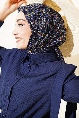 Çiçekli Flamu Cotton Eşarp Lacivert Mavi - Başörtüsü