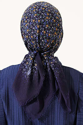 Çiçekli Flamu Cotton Eşarp Lacivert Mavi - Başörtüsü