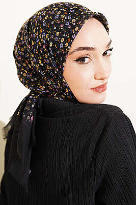 Çiçekli Flamu Cotton Eşarp Siyah - Başörtüsü