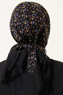 Çiçekli Flamu Cotton Eşarp Siyah - Başörtüsü