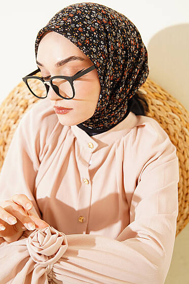 Çiçekli Flamu Cotton Eşarp Siyah Füme - Başörtüsü