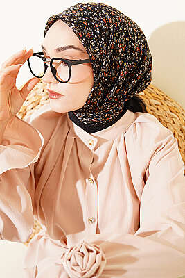 Çiçekli Flamu Cotton Eşarp Siyah Füme - Başörtüsü