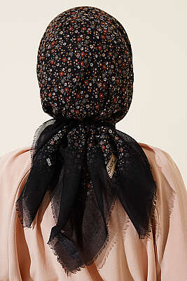 Çiçekli Flamu Cotton Eşarp Siyah Füme - Başörtüsü