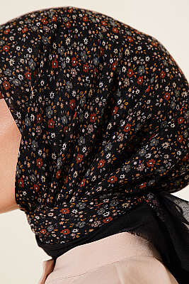 Çiçekli Flamu Cotton Eşarp Siyah Füme - Başörtüsü