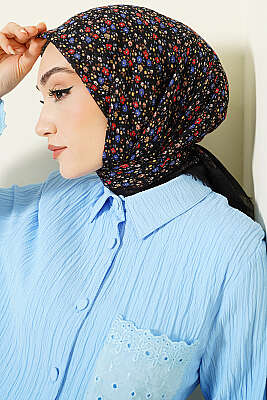 Çiçekli Flamu Cotton Eşarp Siyah Mavi 