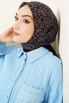 Çiçekli Flamu Cotton Eşarp Siyah Mavi - Başörtüsü