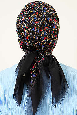 Çiçekli Flamu Cotton Eşarp Siyah Mavi - Başörtüsü