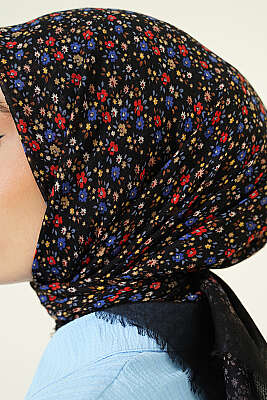 Çiçekli Flamu Cotton Eşarp Siyah Mavi - Başörtüsü