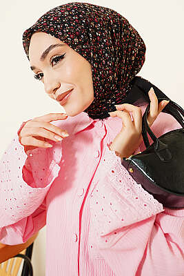 Çiçekli Flamu Cotton Eşarp Siyah Pembe 