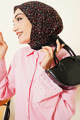 Çiçekli Flamu Cotton Eşarp Siyah Pembe - Başörtüsü