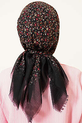 Çiçekli Flamu Cotton Eşarp Siyah Pembe - Başörtüsü