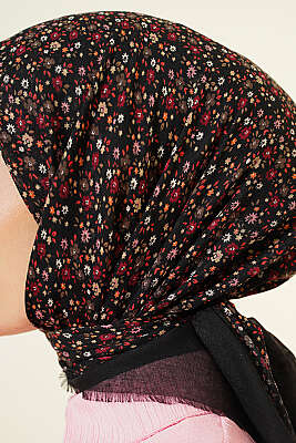 Çiçekli Flamu Cotton Eşarp Siyah Pembe - Başörtüsü