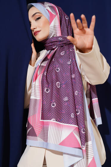 Çiçekli Geometri Desen Medine İpeği Şal Gül Kurusu - Başörtüsü