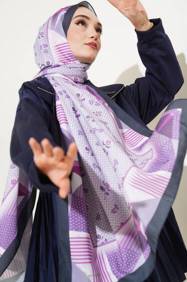 Çiçekli Geometri Desen Medine İpeği Şal Menekşe - Başörtüsü