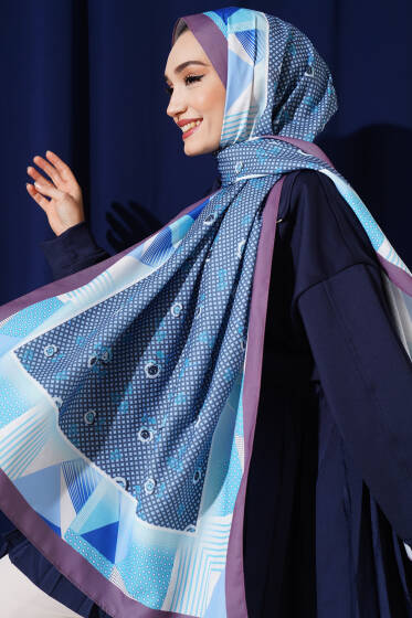 Çiçekli Geometri Desen Medine İpeği Şal Mürdüm - Başörtüsü