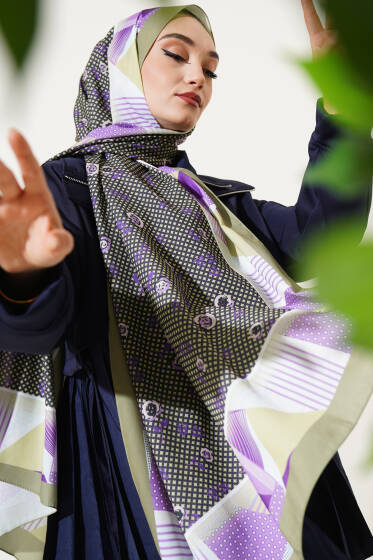 Çiçekli Geometri Desen Medine İpeği Şal Nefti - Başörtüsü