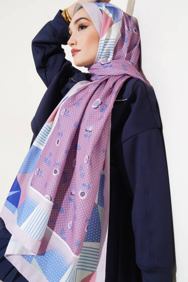 Çiçekli Geometri Desen Medine İpeği Şal Pudra - Başörtüsü