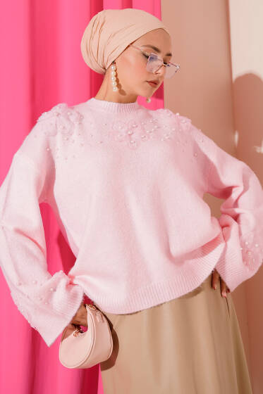 Çiçekli İnci İşlemeli Triko Kazak Pembe - Triko Kazak
