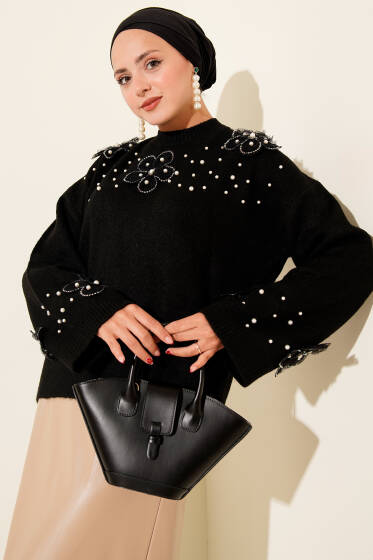 Çiçekli İnci İşlemeli Triko Kazak Siyah - Triko Kazak
