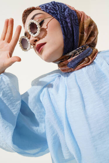 Çiçekli Karışık Desenli Eşarp Lacivert - Başörtüsü