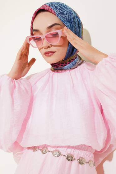 Çiçekli Karışık Desenli Eşarp Mavi - Başörtüsü