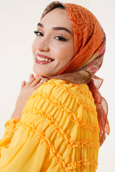 Çiçekli Karışık Desenli Eşarp Oranj - Başörtüsü