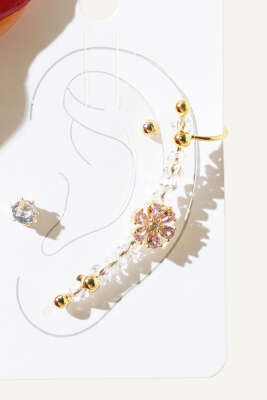 Çiçekli Kıkırdak Küpe Seti Gold - KONYALI BİJUTERİ