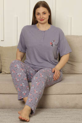 Çiçekli Kısa Kol Viskon Büyük Beden Pijama Takım Lila - Kadın Pijama Takımı
