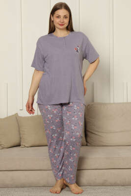 Çiçekli Kısa Kol Viskon Büyük Beden Pijama Takım Lila 