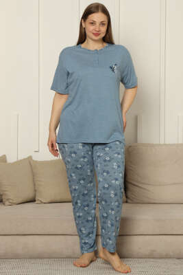 Çiçekli Kısa Kol Viskon Büyük Beden Pijama Takım Mavi - Kadın Pijama Takımı
