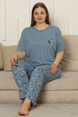 Çiçekli Kısa Kol Viskon Büyük Beden Pijama Takım Mavi - Kadın Pijama Takımı