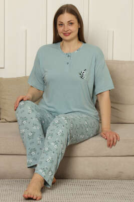 Çiçekli Kısa Kol Viskon Büyük Beden Pijama Takım Mint - Kadın Pijama Takımı
