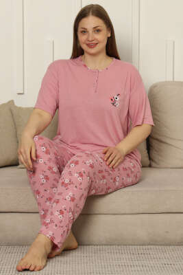 Çiçekli Kısa Kol Viskon Büyük Beden Pijama Takım Pembe 