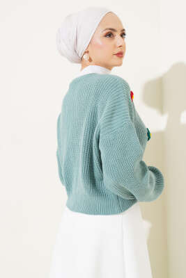 Çiçekli Kısa Triko Hırka Çağla Yeşili - Triko Hırka