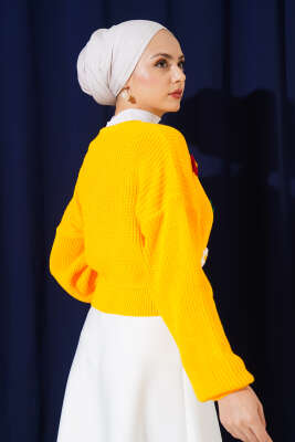 Çiçekli Kısa Triko Hırka Hardal - Triko Hırka