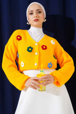 Çiçekli Kısa Triko Hırka Hardal - Triko Hırka